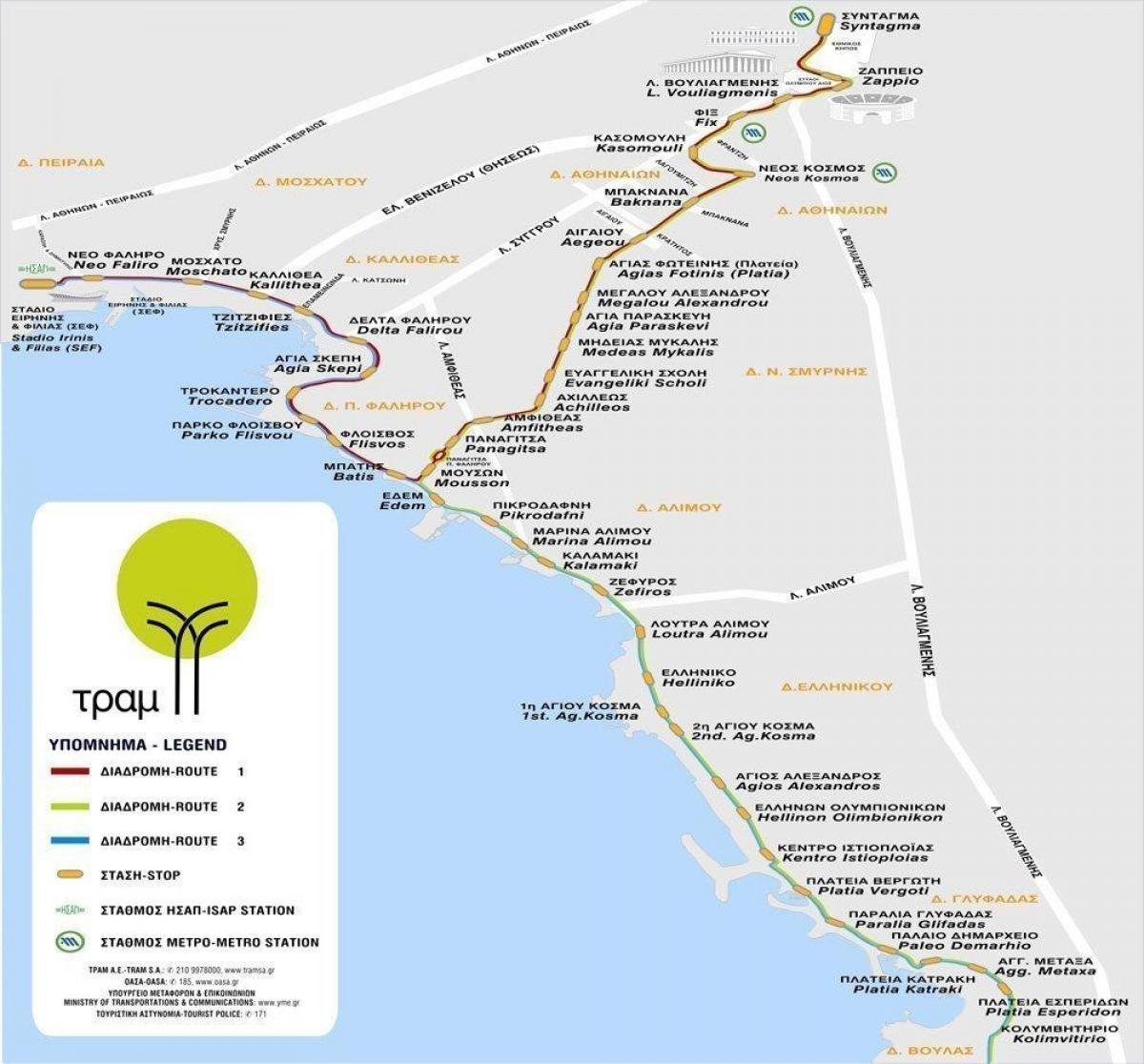 Kaart van de tramstations in Athene