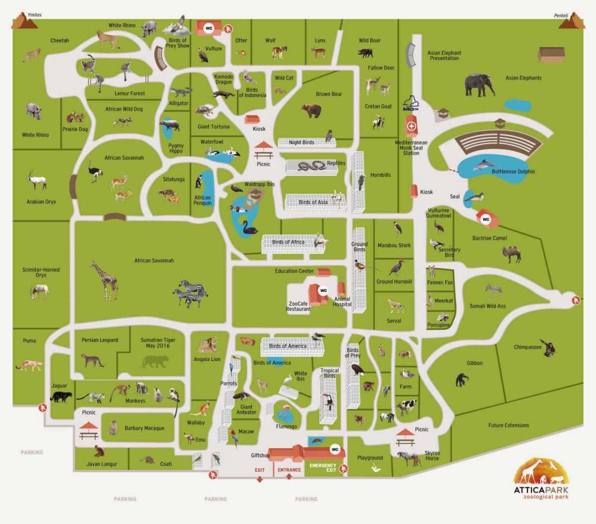 De kaart van het park van de dierentuin van Athene